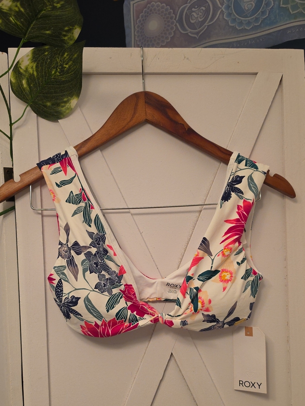 Roxy White Floral Twist-Front Bandeau Top with Pink & Navy Accents